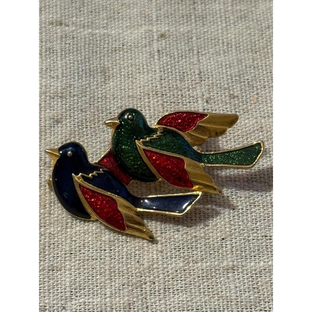 Vintage Colorful Enamel Unique 2 Bird Brooch Pin